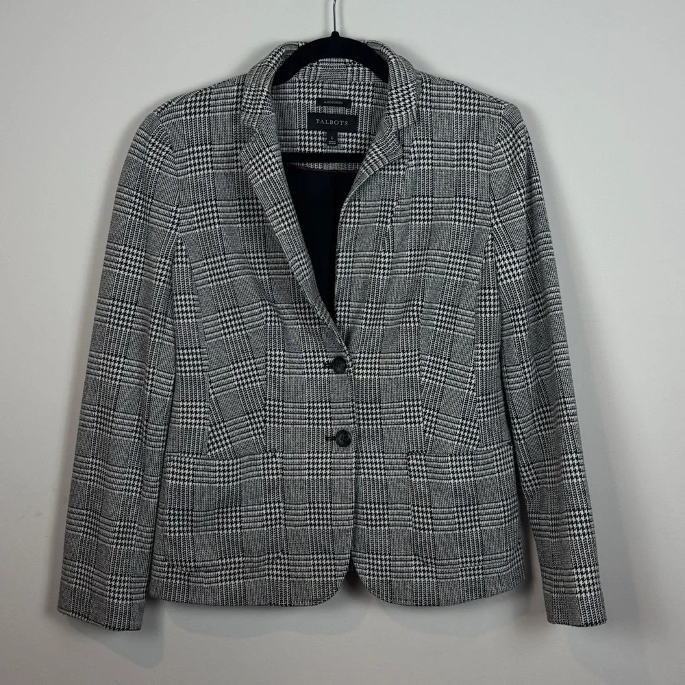 Talbots Aberdeen Houndstooth Blazer Black white Womens sz 6 business‎ casual